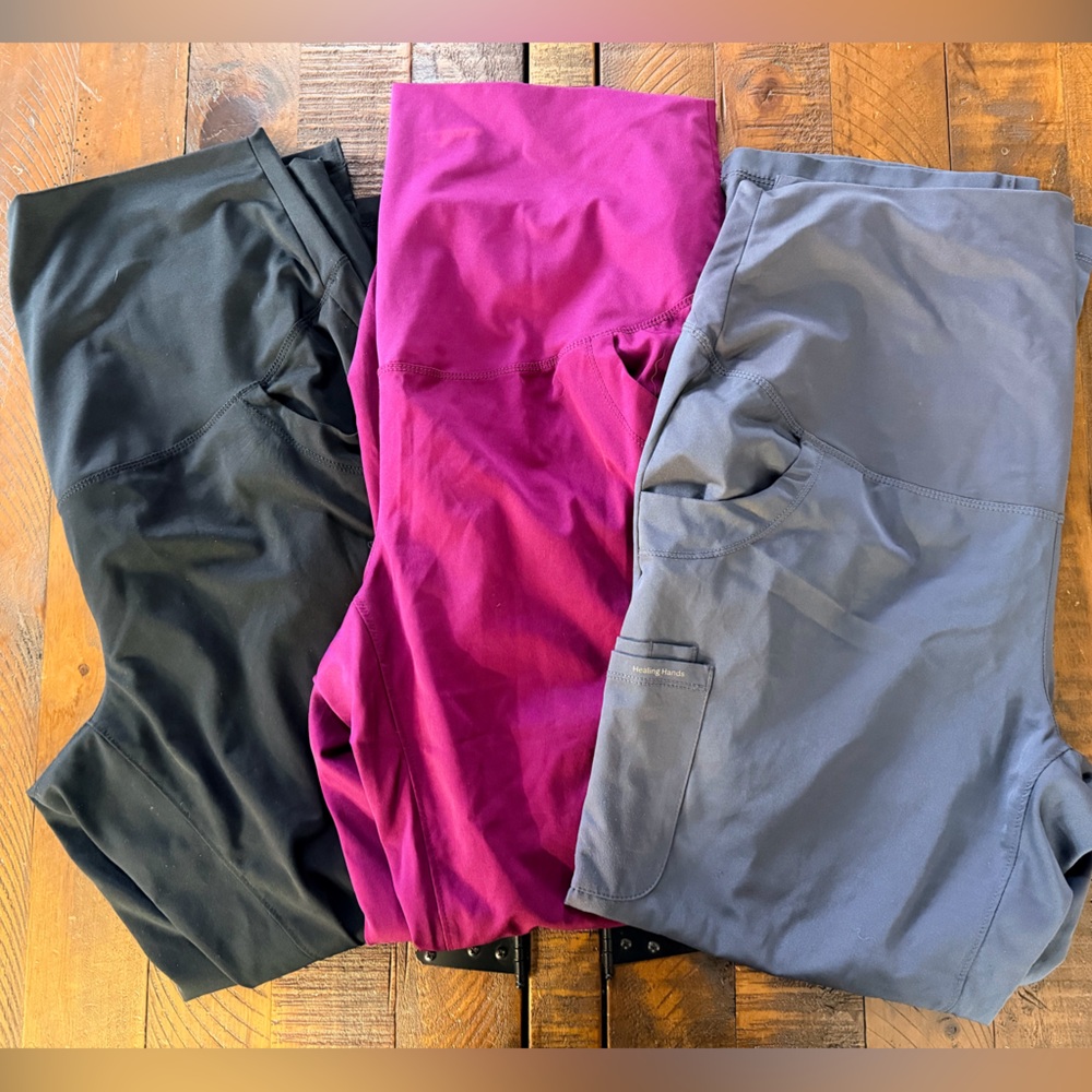 healing hands maternity Scrub Pants Trio in Black, Magenta, Slate